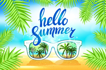 White Sunglasses reflection sunset at palm tree landscape scene in light blue studio, Summer Time concept, Leave space for adding your content or text vector