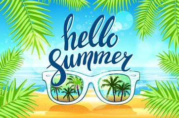 White Sunglasses reflection sunset at palm tree landscape scene in light blue studio, Summer Time concept, Leave space for adding your content or text vector