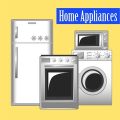 Home appliances set, kitchen ware: refrigerator, washing machine, microwave, stove.