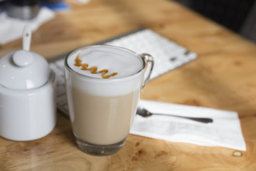 hot cappuccino coffee drink with sugar mug