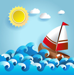 Summer background with sailboat sailing in the sea,paper cut style .vector illustration