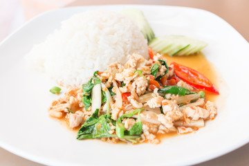 Rice topped with stir-fried pork and basil