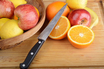 fresh fruits on wooden table. Healthy eating concept