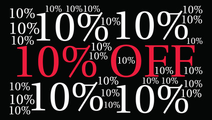 Ten Percent Off Word Cloud on a black background. 