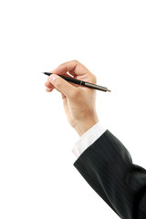 Businessman holding pen in his hand on white background