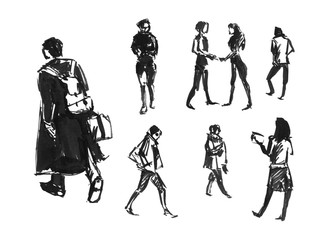 People Drawn With Ink. City Life. The Human Figures In Motion. Hurrying People. Illustration Drawn By Hand. People Silhouettes Isolated On White Background. Men And Women.