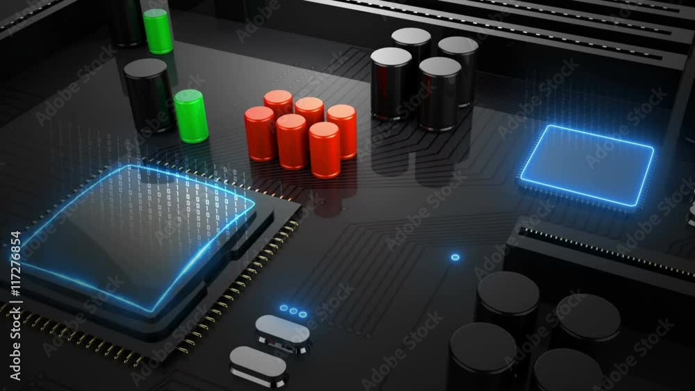 Wall mural motherboard ,circuit board with moving electrons. cpu microchip processing data. ultra high definiti