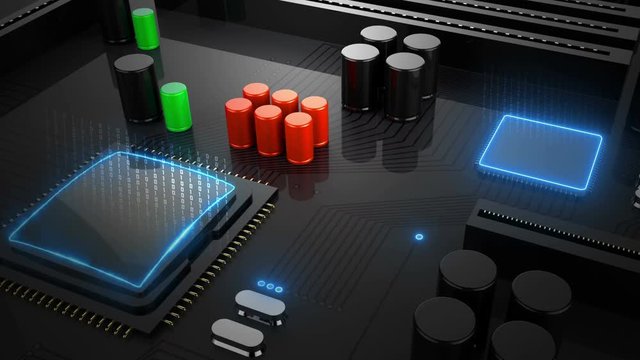 Motherboard ,Circuit Board with moving electrons. CPU microchip processing Data. Ultra High Definition 4K animation.