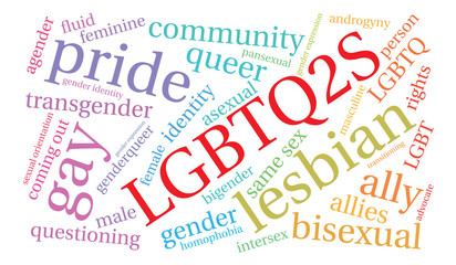 LGBTQ2S Word Cloud on a white background. 