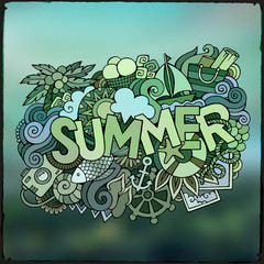 Summer hand lettering and doodles elements. Vector blurred illus