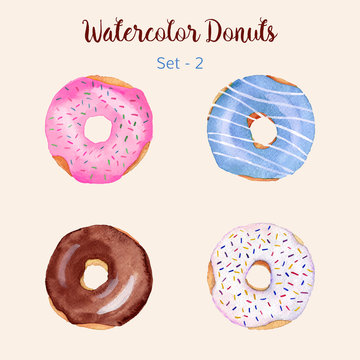 Watercolor donut set isolated on a light background. Hand painted donuts. Isolated sweet sugar icing donuts. Glazed donuts collection. Donut icons collection. Donuts with glaze and sprinkles. Vector.