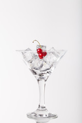 Red currant berries in a martini glass on white background