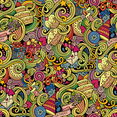 Cartoon hand-drawn doodles birthday seamless pattern
