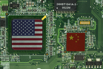 usa and china flag on processor on green mainboard - can use to display or montage on product