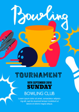 Vector bowling tournament banner, poster, flyer design template. Flat layout background with bowling ball, pins, prize cup and hand drawn calligraphy lettering. Abstract illustration of bowling game.