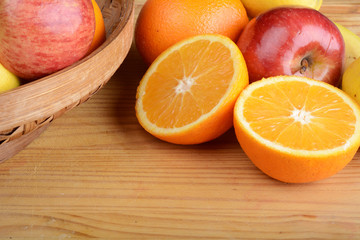 fresh fruits on wooden table. Healthy eating concept