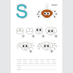 Drawing tutorial. Simple game for letter S. The spider.