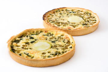 French quiche Lorraine with vegetables isolated on white background

