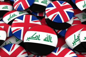 Iraq and UK Badges Background - Pile of Iraqi and British Flag Buttons 3D Illustration
