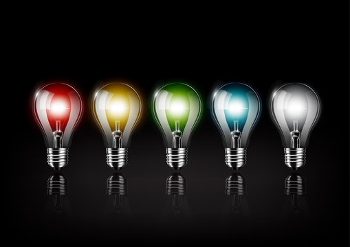 Colorful light bulb is glowing on black background , concept idea , Transparent Vector