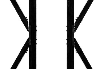 Abstract bridge frame. Symmetrical bridge frames. Wooden frame structures. White background. Pyramid shape design. Minimal architecture design. Bridge design. Looking up. 