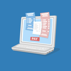 Concept of pay bills tax online account via computer or laptop. Online payment. Laptop with checks and invoices on the screen. Pay button. Vector isolated illustration on blue background.