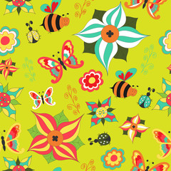 Floral seamless with butterfly, bee, ladybird and bush