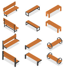 Set of wooden benches for the Park. Isometric style.