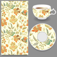 stock vector cup of coffee and seamless floral oriental ornament
