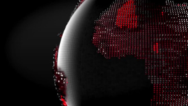 Globe of Earth. Rotation of glossy planet, 3D animation of space with digital exploding Earth, Abstract world map background for news intro. Loop
