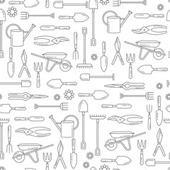 Vector seamless pattern with garden tools. Web site background with gardening tools icon.