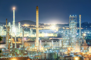 Oil and gas refinery plant at night, Petrochemical factory