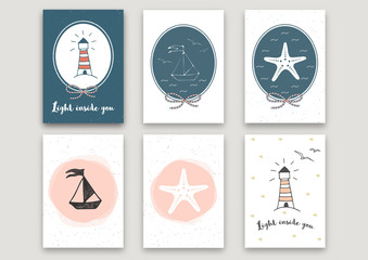 Set of vector card templates in marine style. Wedding invitation card. Greeting card. Light inside you - quote.