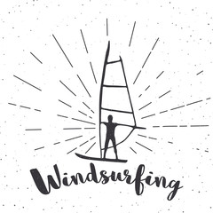 Creative vintage poster with windsurf board. Vector illustration with lettering.