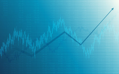 Business chart with uptrend line graph, bar chart and stock numbers in bull market on white and blue color background (vector)