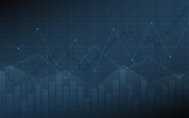 Business chart with line graph, bar chart and stock numbers on dark blue color background (vector)
