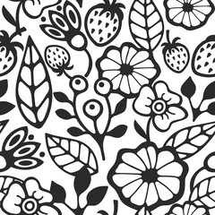 Black and white seamless pattern with plants and berries.