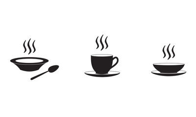 Restaurant and kitchen icons set: soup plate and coffee cup with hot food and drinks. Vector illustration.