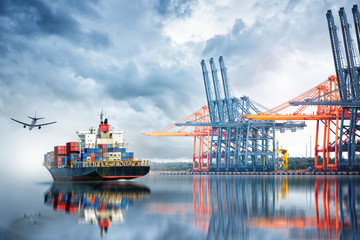 Container Cargo ship and Cargo plane with working crane bridge in seaport , logistic import export...