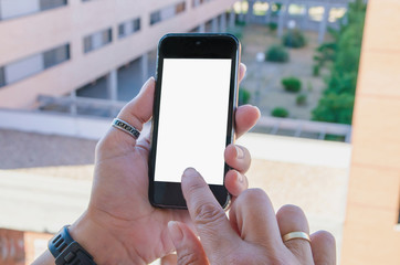 Woman touching a mobile phone blank screen