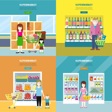 Set of Supermarket Concept Banners in Flat Design.
