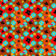 Seamless cute pattern with bright flowers and ladybirds