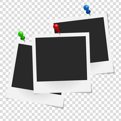Set of realistic vector photo frames on colored pins. Template photo design. Vector illustration