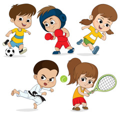 Set of kidsports.Children football, taekwondo,boxing, running,te