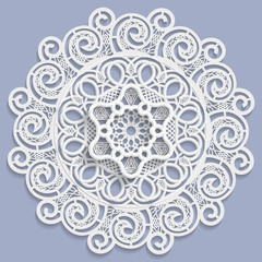 Fototapety  Koronkowa mandala 3D, ozdobny kwiat, koronkowa serwetka, ozdobny płatek śniegu, arabski ornament, indyjski ornament, wytłoczony wzór, wektor