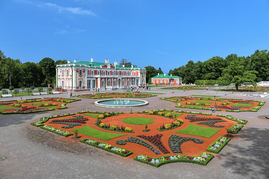 Kadriorg Palace and flower garden with fountains in Tallinn, Estonia. Kadriorg Palace is a Petrine Baroque palace built for Catherine I of Russia by Peter the Great in 1718-1727.