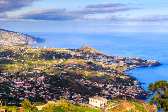 Panoramic view from Cabo Girao viewpoint at the capital Funchal of the island Madeira, Portugal