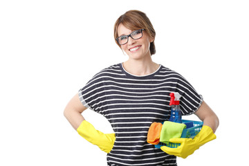 Mature woman ready for housework. White background.