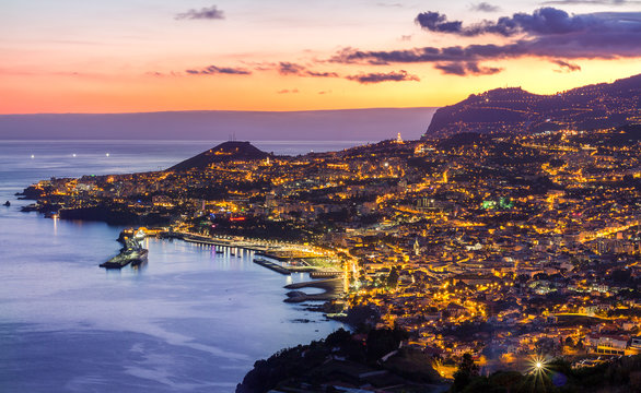 Aerial View Of Funchal By Night, Madeira Island, Portugal