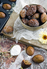 Sweet madeleine cookies on table